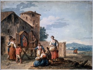 En gruppe bønder foran tabernaklet med den stående Madonna-statue. Tegning af Giuseppe Zais (1709-1784). Tempera og sepia på papir, 30,2 x 38 cm, ca. 1750. Venetian School of