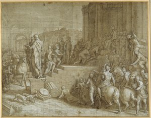 Legenden om syv konger, der hylder en pave (pen og brunt blæk med vask og hvid kropsfarve på carta azzurra) af Giuseppe della Porta Salviati