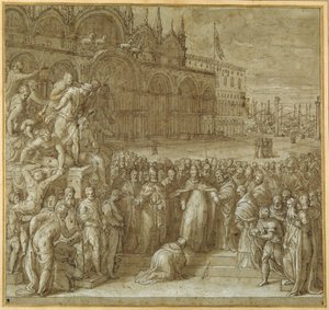 Forsoningen mellem pave Alexander III og Frederick Barbarossa, i nærværelse af Doge Sebastiano Ziani (pen og brunt blæk med brun vask og forhøjning) af Giuseppe della Porta Salviati
