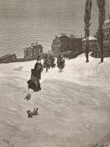 Det er koldt!, kvinde, der går i sneen, gravering fra et maleri af Giuseppe De Nittis, tegning af Montefusco, L