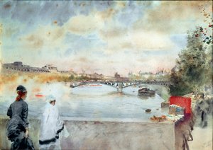 Bredden af Seinen To kvinder, der sidder på en bro i Paris, kigger mod floden, til højre bogmagerne af havnen. Akvarel af Giuseppe De Nittis (1846-1884) 1875 Galleria d