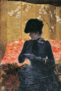 Kvinde på rød sofa af Giuseppe or Joseph de Nittis