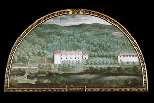 Udsigt over Villa di Seravezza nær Massa Carrara, Italien (Tempera