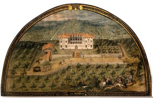 Villa "" La Peggio "" af Giusto Utens (1500-tallet). Mænd, der spiller bold. Museet i Firenze, som det var. Firenze.
