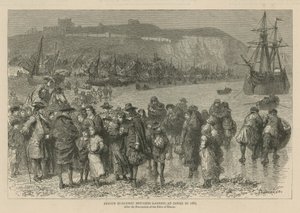 Huguenotterne i England: Franske huguenot-flygtninge lander i Dover i 1685 (kobberstik)