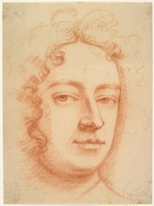 Ansigt af en mand, trekvart, ser direkte på beskueren, muligvis et selvportræt af Godfrey Kneller