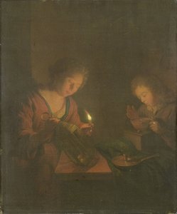 Ild og lys (en pige sætter et lys i en lanterne, og en dreng blæser på kullene i et gnidningsfad) af Godfried Schalcken (attributed to)