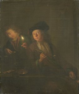 The Smoker (En mand med en pibe og en mand der hælder en drik i et glas) af Godfried Schalcken (attributed to)