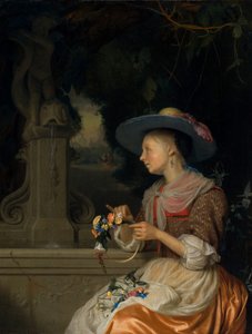 Kvinde, der væver en krone af blomster, ca. 16751680.