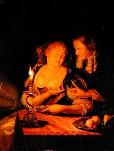 En gentleman tilbyder en dame en ring (olie på panel) af Godfried Schalcken