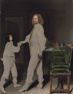Portræt af en mand i fuld længde, der rækker et brev til en dreng, i et interiør