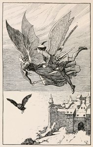 Rejsekammeraten fløj bag hende, fra Fairy Tales from Hans Anderson, pub 1919. af Gordon Browne
