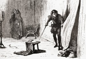 En scene fra William Shakespeares spiller Hamlet, Act III, Scene 4, Hamlet: Du elendige, udslæt, indtrængende fjols, farvel! Jeg tog dig til det bedre, fra The Works of William Shakespeare, udgivet 189