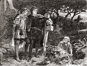 En scene fra William Shakespeares skuespil Hamlet, Akt V, Scene 1, Hamlet: Jeg kender ham, Horatio, en fyr med uendelig spøg, af mest fremragende fantasi, fra The Works of William Shakespeare, udgivet 1896 (f.