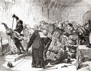 En scene fra William Shakespeares spiller Hamlet, Act V, Scene 2, Hamlet: The point envenomed too! End, gift, til dit arbejde. (Stabs the king), fra The Works of William Shakespeare, udgivet 1896 (graveret