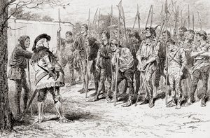 En scene fra William Shakespeares skuespil Kong Henry IV, del 1, akt IV, scene 2, Falstaffs pjaltede regiment, fra The Works of William Shakespeare, udgivet 1896 af Gordon Frederick Browne