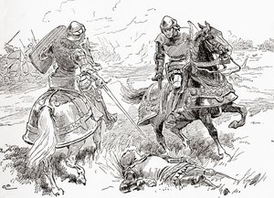 En scene fra William Shakespeares skuespil Kong Henry IV, del 1, Akt V, Scene 3, Earl of Douglas: Alls done, all won, here breathless lies the king, fra The Works of William Shakespeare, udgivet 1896 af Gordon Frederick Browne