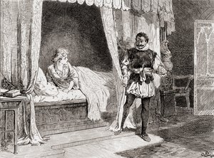 En scene fra William Shakespeares spiller Othello Act V, Scene 2, Desdemona: Talk you of killing? Othello: Ay I do, fra The Works of William Shakespeare, udgivet 1896 af Gordon Frederick Browne