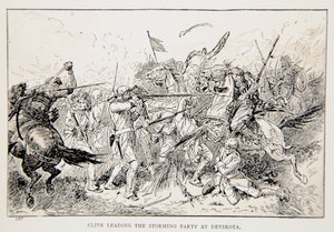 Clive leder stormningsholdet ved Devikota, en illustration fra "With Clive in India, or the Beginnings of an Empire" af G.A. Henty, udgivet af G.A. Henty. London, 1884 af Gordon Frederick Browne