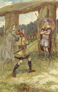 Hodur tog misteltenen fra Loke, og Loke styrede hans arm, og han kastede den mod Baldur, og med et skarpt skrig faldt Baldur død om (chromolitho)