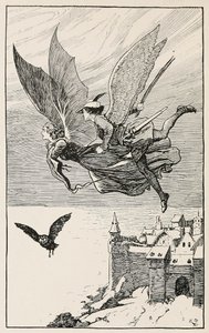 Rejsekammeraten fløj bag hende, fra Fairy Tales from Hans Anderson, pub 1919 (gravering) af Gordon Frederick Browne