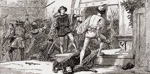 Tybalt dræbt af Romeo, scene fra William Shakespeares Romeo og Julie, akt III, Scene 1, fra The Works of William Shakespeare, udgivet 1896