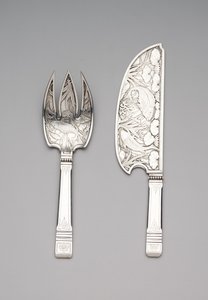 Fiskeskive og gaffel, ca. 1870-80 (sølv)