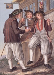 De tre Bacchus, bønder i kostume fra byen Morat, Schweiz (litografi) af Gottfried (after) Locher
