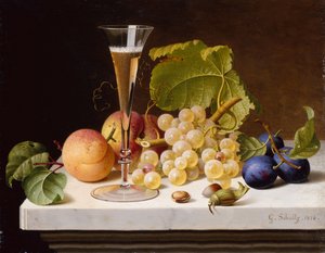 Druer, ferskner, blommer, nødder og et glas champagne på en marmorkant af Gottfried Schultz