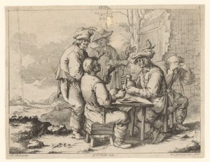 Fem landmænd ved bordet i det fri Landlig hygge (serietitel) af Gottlieb Friedrich Riedel
