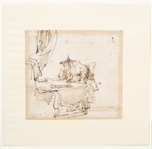 Forsker sidder ved et bord, hvorpå der ligger en stor bog af Govaert (attr. to) Flinck
