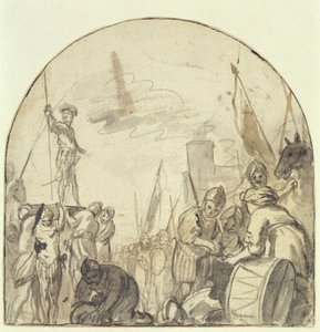 Brinio bliver rejst på sit skjold af sine krigere (pen og pensel og blæk over blyant på papir) af Govaert Flinck