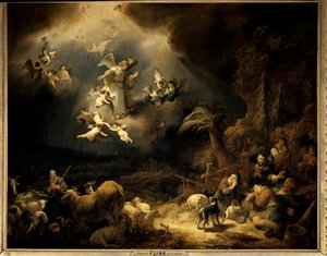 Meddelelsen til hyrderne Maleri af Govaert Flink (1615-1660) (ec.flam.) 1639 Søn. 1,6x1,96 m Paris, Musée du Louvre.