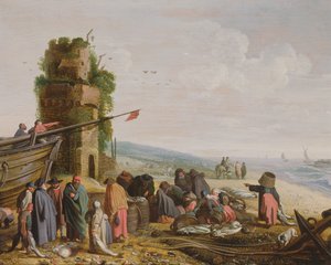 Fiskere på stranden med deres fangst (par med 59984) af Govaert Jansz