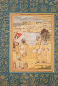 Musikere og sangere knæler i udkanten af en Mughal-lejr. En Yogi og en Tjener Lyt til dem, fra Minto Albummet, ca. 1630
