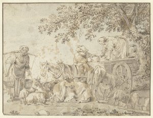 Bønder og kvæg ved en bondevogn af Govert Dircksz. Camphuysen (possibly)