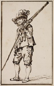 En stående soldat med en musket over skulderen