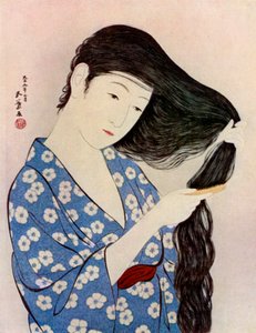 En japansk kvinde, der reder sit hår, 1920 1930. af Goyo Hashiguchi