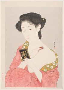 A Woman in Nagajuban Powdering her Neck (farvet træbloktryk på sølvglimmerjord)