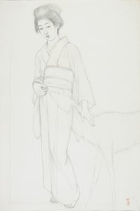 Tegning af kvinde, der stryger en hjort af Goyo Hashiguchi