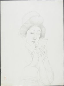 Tegning af en kvinde, der holder spejl af Goyo Hashiguchi
