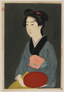 Kvinde med en bakke i hånden, Taisho-æraen, januar 1920 (farve-træsnit)
