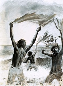Skibbrudne på øen Asuncion (gouache på papir)