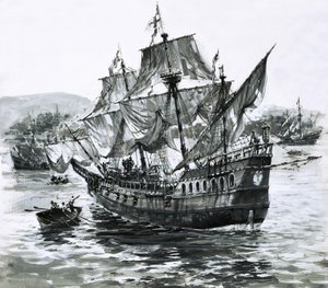 Drakes skib, Golden Hind, halter tilbage til Portsmouth med enorme rigdomme.