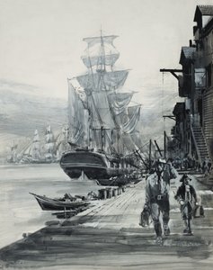 Havnescene (gouache på papir) af Graham Coton