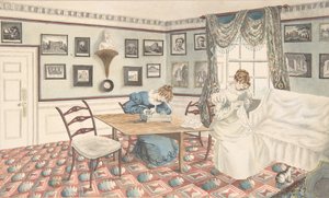 To unge kvinder, der skriver og syr i et interiør i Hatton, Warwickshire, 1820-30. af Granddaughters of Dr. Samuel Parr.