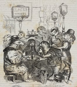 Udyr, der sidder i isbutik, litografi af Giovanni Mariani efter karikatur af Jean-Jacques Grandville (1803-1847) fra Poliorama Pittoresco, nr. 24, 21. januar af Grandville