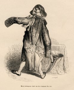 Hund i rollen som en lakaj af kongen. Miniaturer illustreret af JJ Granville. Gravering signeret Caque i delen "Historien om en hare" skrevet af PJ Stahl i "Scener fra dyrenes private og offentlige liv". Paris, J. Hetzel og Paulin af Grandville