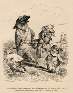 To små harer med deres storesøster stoppede ved en ugle på en mark. En jagtræv står bag dem. Miniaturer illustreret af JJ Granville. Gravering signeret Breviere i delen "Story of a Hare" skrevet af PJ Stahl i af Grandville