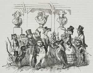 Udgang fra teatret, karikatur af Jean-Jacques Grandville (1803-1847), litografi af Giovanni Mariani fra Poliorama Pittoresco, nr. 39, 7. maj af Grandville